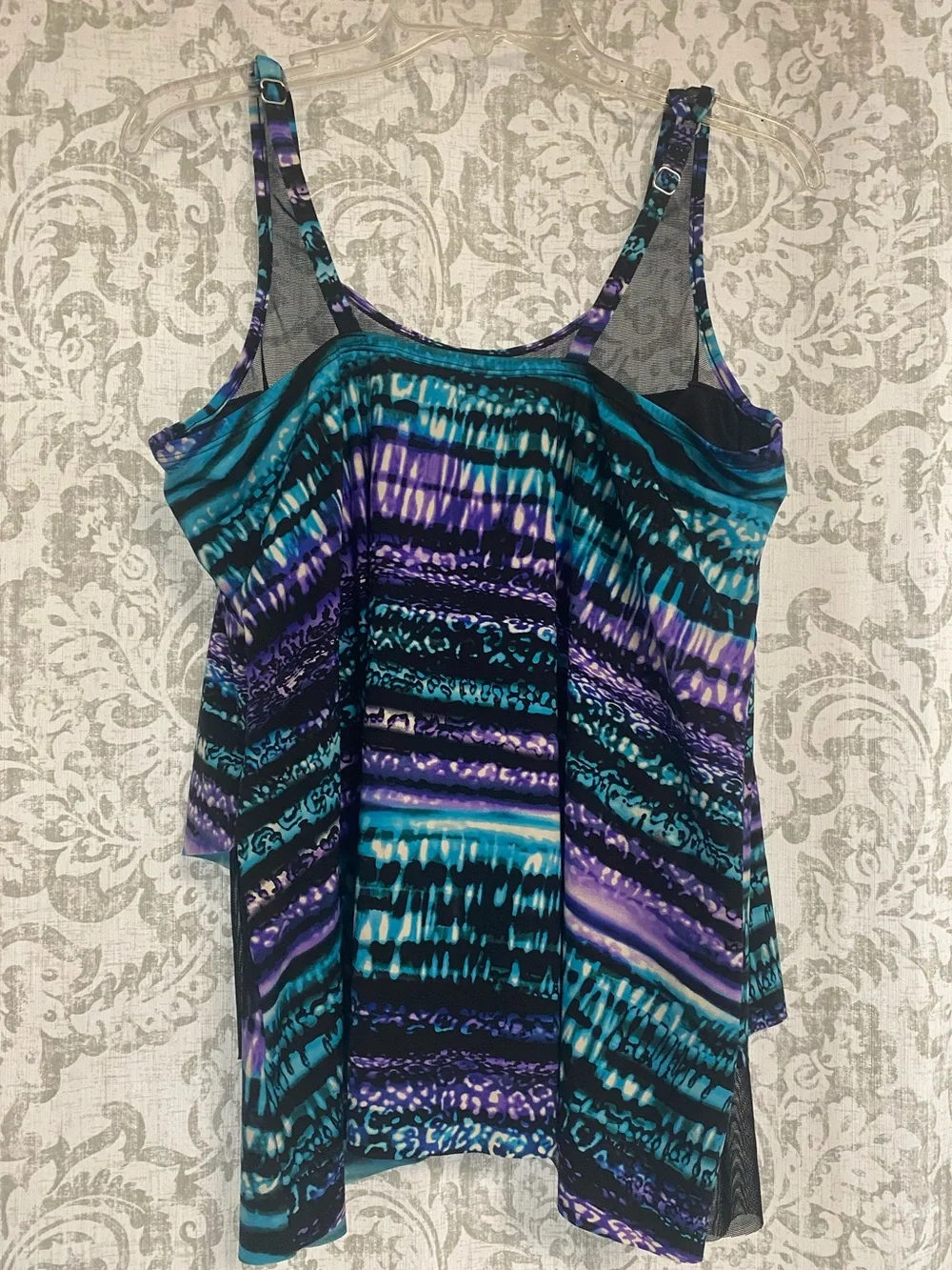 Miraclesuit Cat Bayou Mirage High Neck Mesh Animal Print Purple Black 14DD FLAW